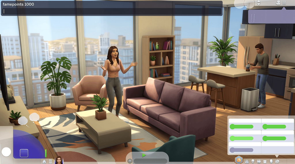The cheat bar open over a city apartment with famepoints 1000 typed into it