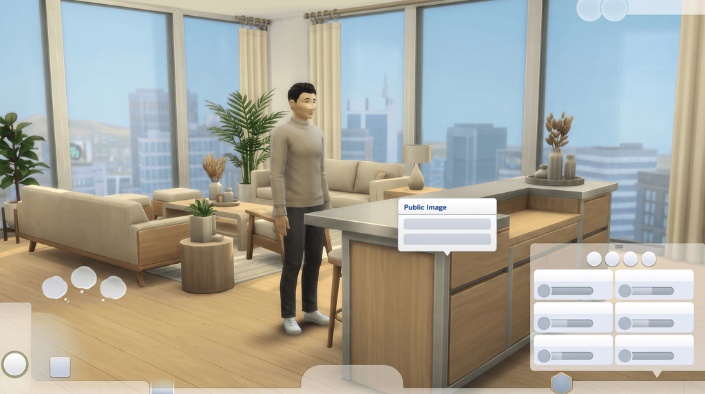 A Sim in a penthouse with a three-row context menu open beside them, the top row reading Public Image