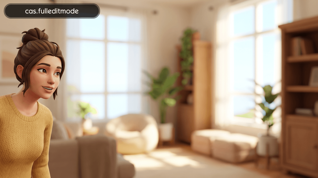 The cheat bar open at the top of a living room scene with cas.fulleditmode typed into it