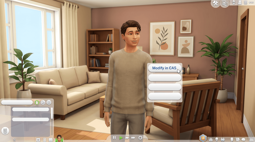 A Sim in a living room with a context menu open beside them, the cursor resting on Modify in CAS