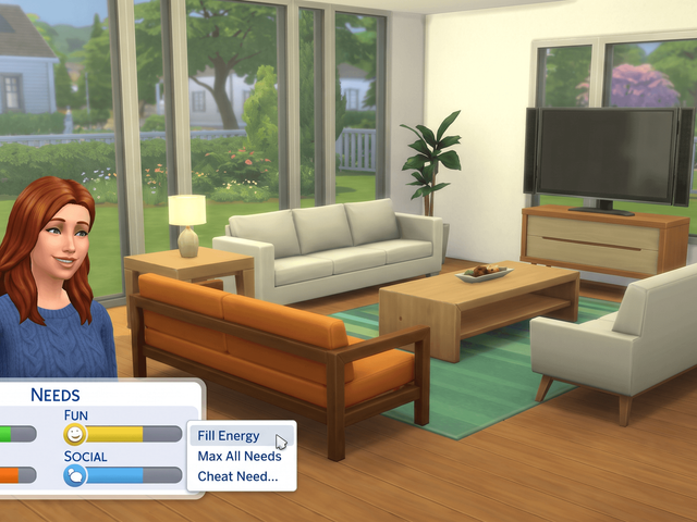 A Sim in a sunny living room with the needs panel open and a right-click menu showing Fill Energy, Max All Needs and Cheat Need