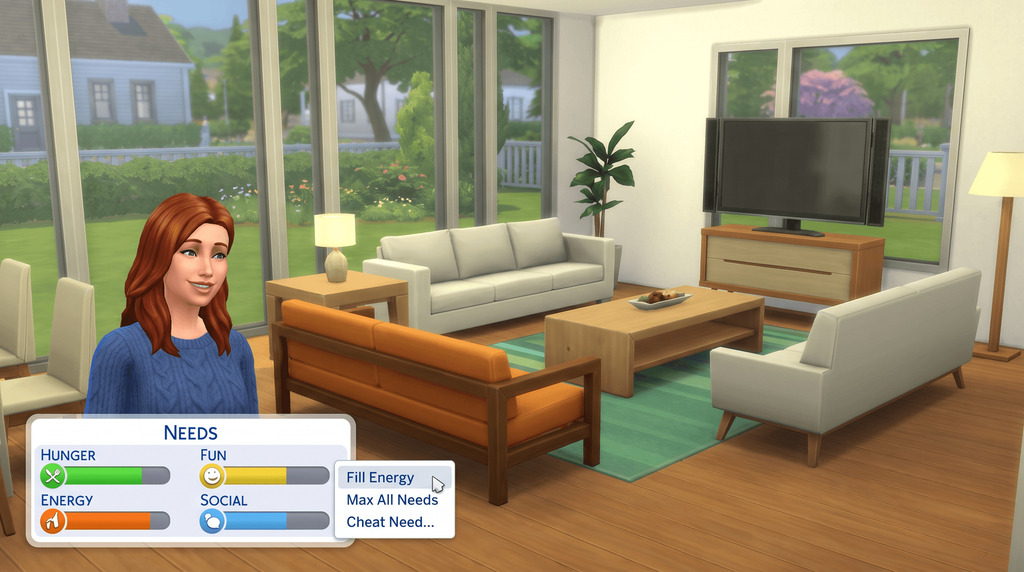 Illustration of a Sim in a sunny living room with the needs panel open and a right-click menu showing Fill Energy, Max All Needs and Cheat Need