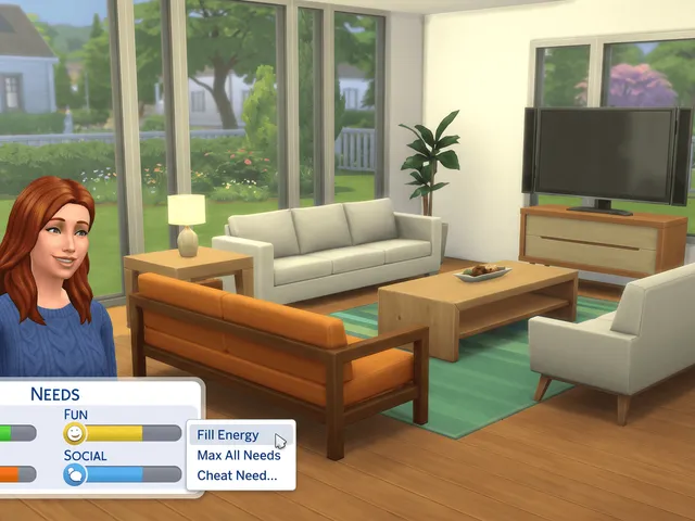 A Sim in a sunny living room with the needs panel open and a right-click menu showing Fill Energy, Max All Needs and Cheat Need