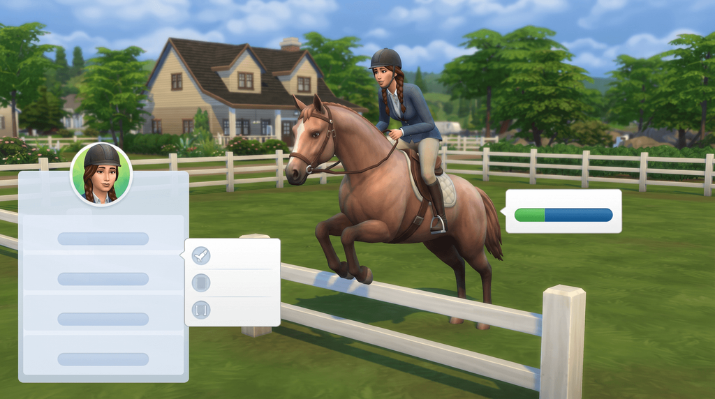 A horse mid-jump over a low white rail in a paddock, with a riding skill bar filling beside it