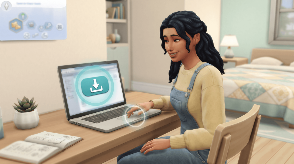 A Sim at a desk clicking a large download button on a laptop screen.