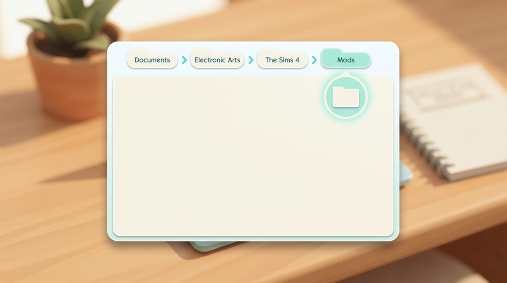 A file manager window showing the path Documents, Electronic Arts, The Sims 4, Mods, with the Mods folder open.