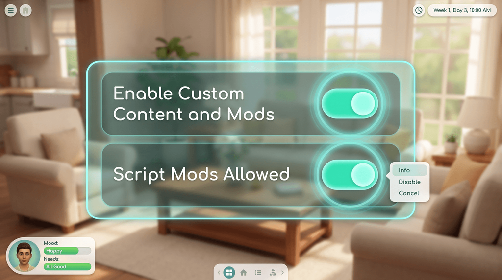 A game options panel with two switches turned on, labelled Enable Custom Content and Mods, and Script Mods Allowed.