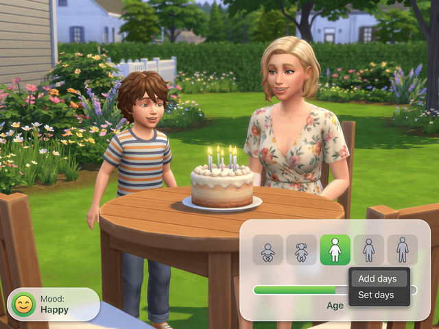 A child and an adult Sim at a birthday cake, with the life stage row and age bar open and a right-click menu offering Add days and Set days