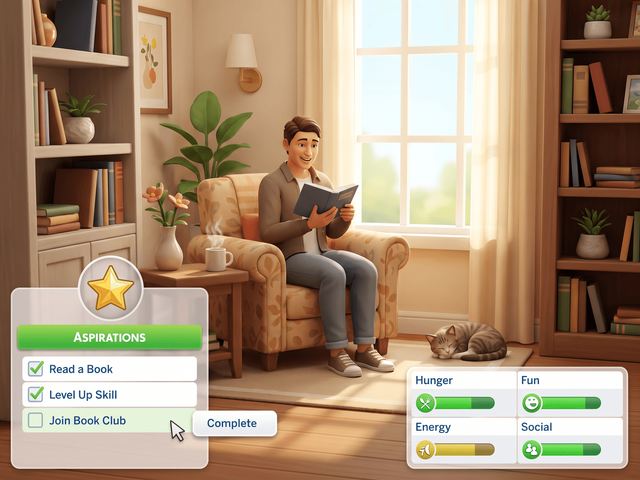A Sim reading in an armchair with the aspirations panel open and a right-click Complete option on an unfinished goal