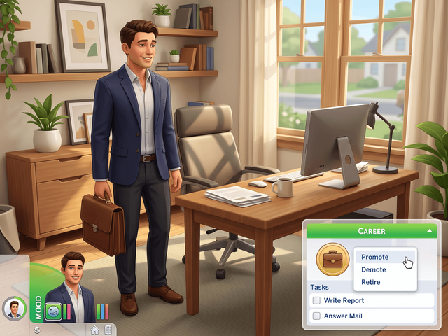 A Sim in office clothes with the career panel open and a right-click menu offering Promote, Demote and Retire