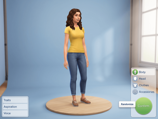 A Sim on a turntable in a character creation screen with a right-click Randomize option beside the confirm button
