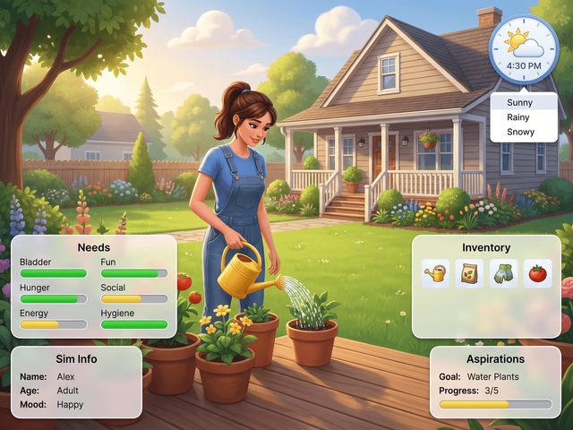 A Sim watering plants outside a house, with the game clock and weather icon open and a right-click menu offering Sunny, Rainy and Snowy