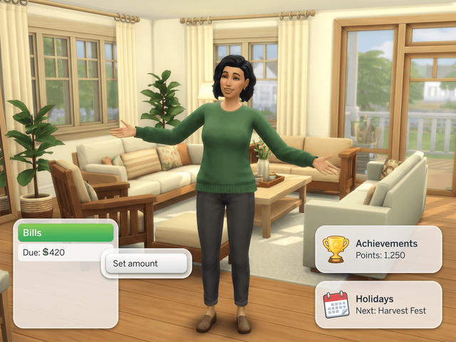 A Sim in a living room with bills, achievements and holiday cards on screen and a right-click Set amount option on the bills card