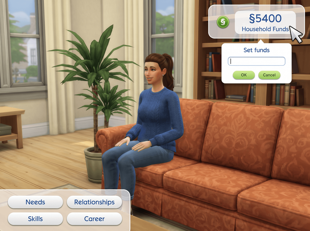 A Sim on a sofa with the household funds counter open and a Set funds box waiting for a number