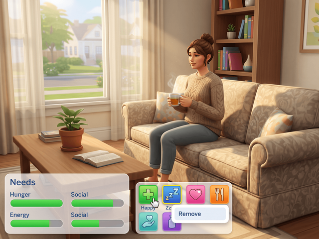 A Sim relaxing with a drink, a row of moodlet icons on screen and a right-click Remove option on one of them
