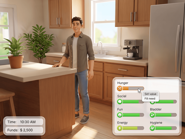 A Sim in a kitchen with the needs panel open and a right-click menu on the Hunger bar offering Set value and Fill need