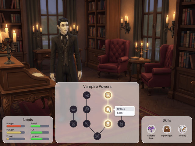 A vampire Sim in a candlelit library with a vampire power tree open and a right-click menu offering Unlock and Lock