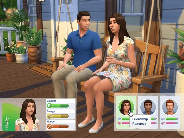 Two Sims on a porch with the relationships panel open, friendship and romance bars showing, and a right-click menu on one portrait