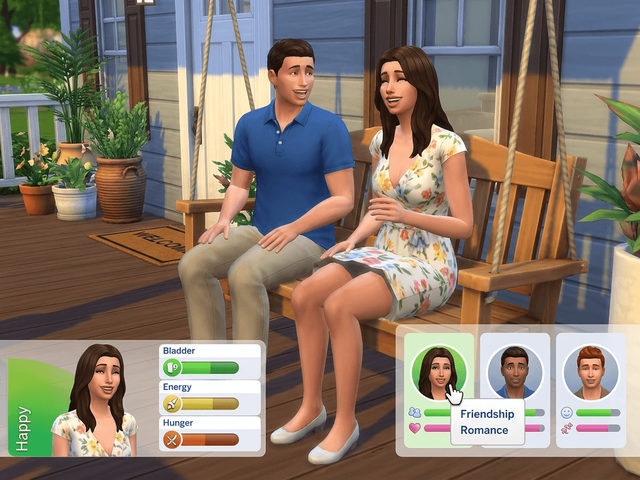 Two Sims on a porch with the relationships panel open, friendship and romance bars showing, and a right-click menu on one portrait