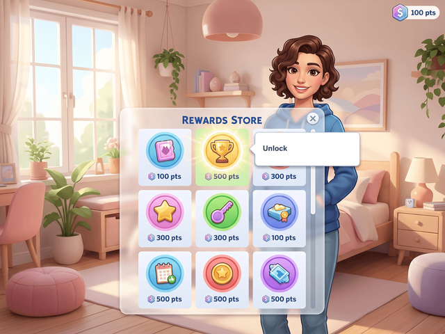 A Sim in a bedroom with the rewards store open as a grid of priced rewards and a right-click Unlock option on one of them