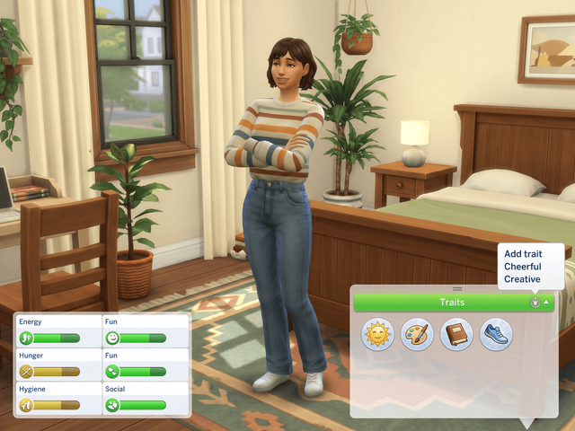 A Sim in a bedroom with the Traits section of the Simology panel open and a right-click menu adding a trait