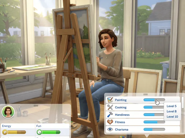 A Sim painting at an easel with the skills panel open and a right-click menu on the Painting bar offering levels 5, 8 and 10