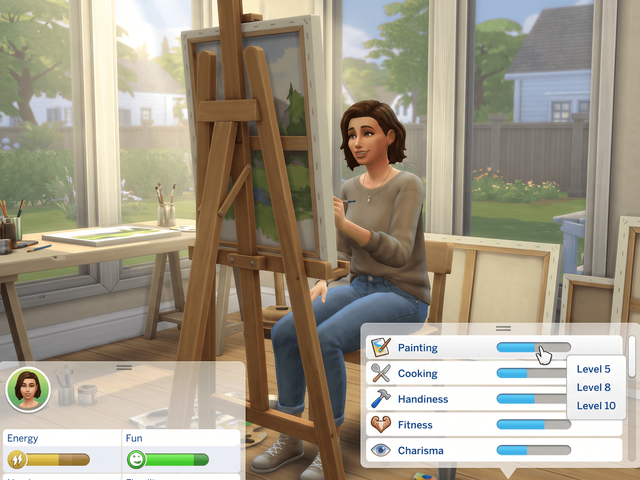 A Sim painting at an easel with the skills panel open and a right-click menu on the Painting bar offering levels 5, 8 and 10