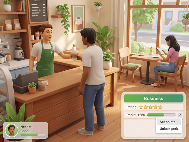 Sims in a small cafe with a business panel open showing a star rating and perk points, and a right-click menu offering Set points and Unlock perk