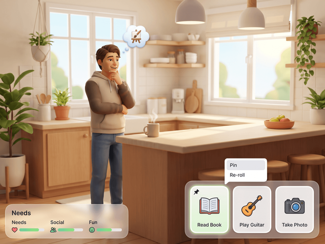 A Sim thinking in a kitchen with three want cards on screen and a right-click menu offering Pin and Re-roll