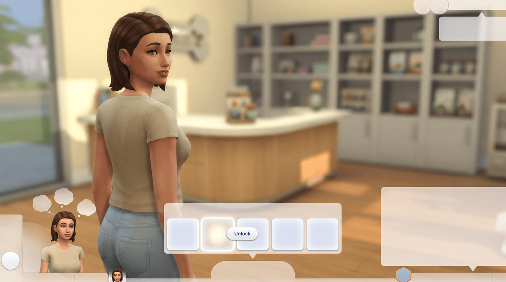 A row of five vet perk tiles with one lit and an Unlock option open beside it, a clinic counter behind