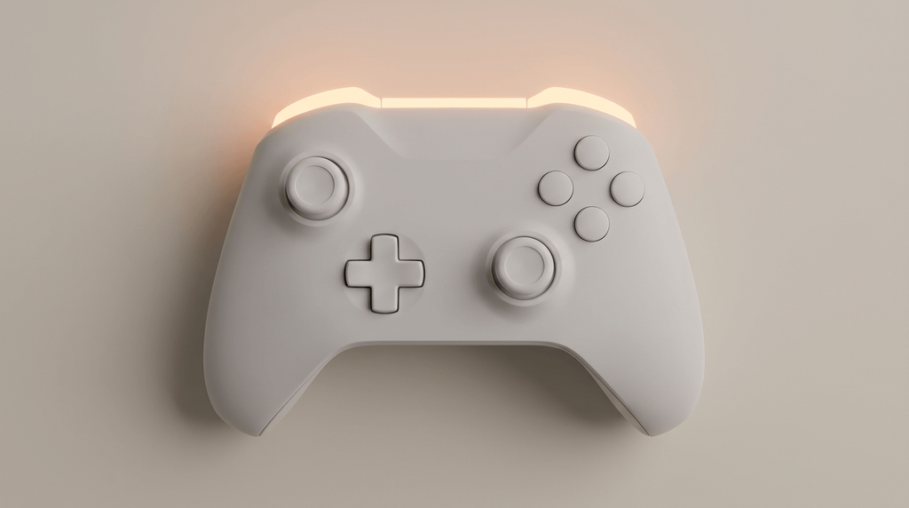 An unbranded game controller seen from above with all four shoulder and trigger buttons lit