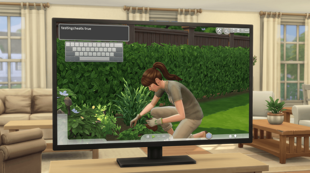 A television showing a game scene with the cheat bar reading testingcheats true and an on-screen keyboard below