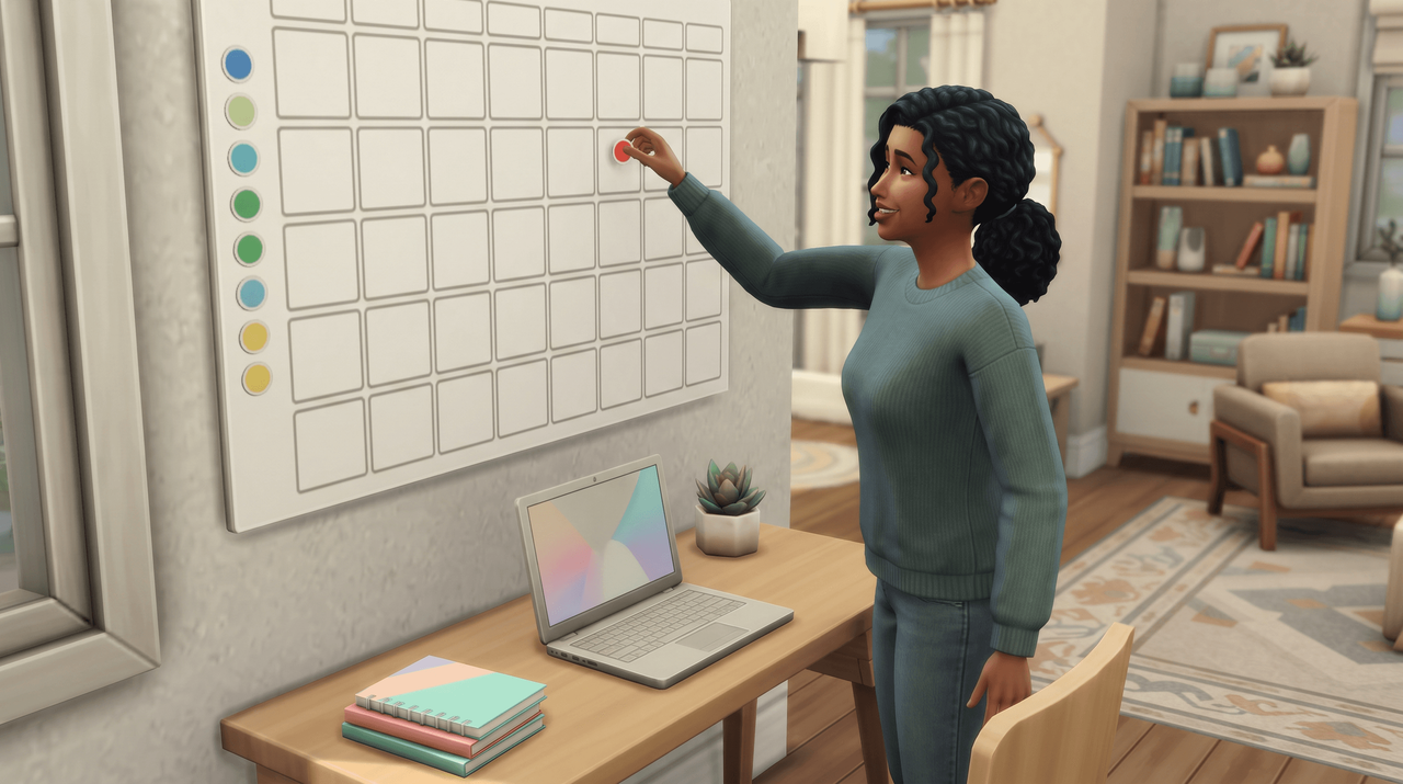 Illustration of a Sim putting a coloured sticker on a wall calendar above a desk, with a row of stickers already placed