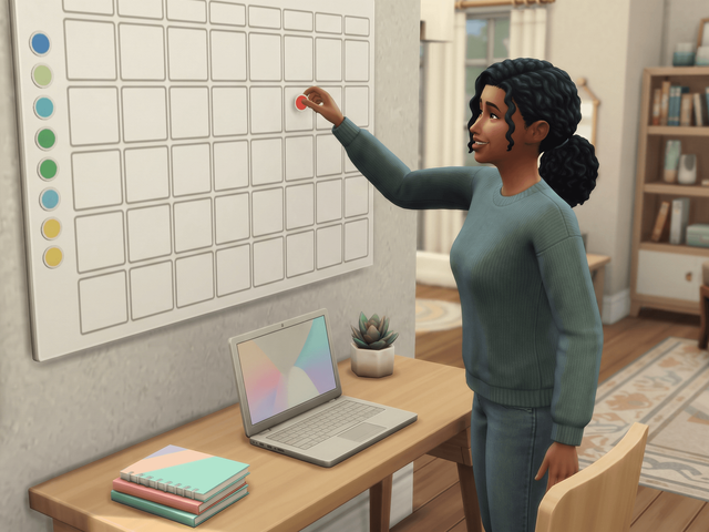 A Sim putting a coloured sticker on a wall calendar above a desk, with a row of stickers already placed
