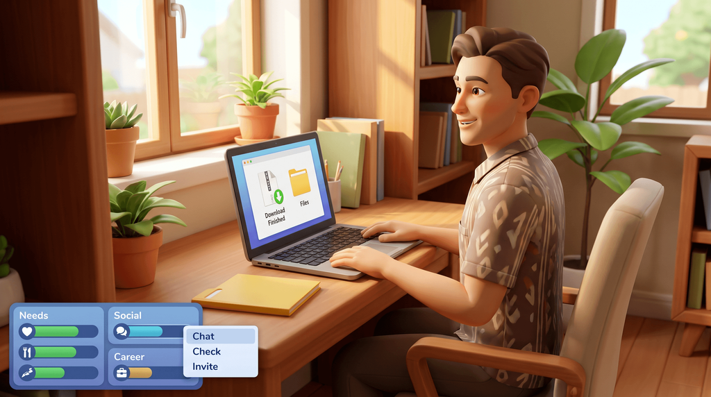 Illustration of a Sim at a desk looking at a laptop that shows a finished download with a zip file and a folder