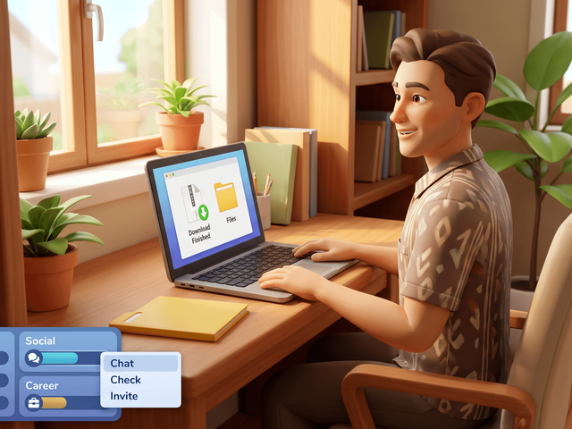 A Sim at a desk looking at a laptop that shows a finished download with a zip file and a folder