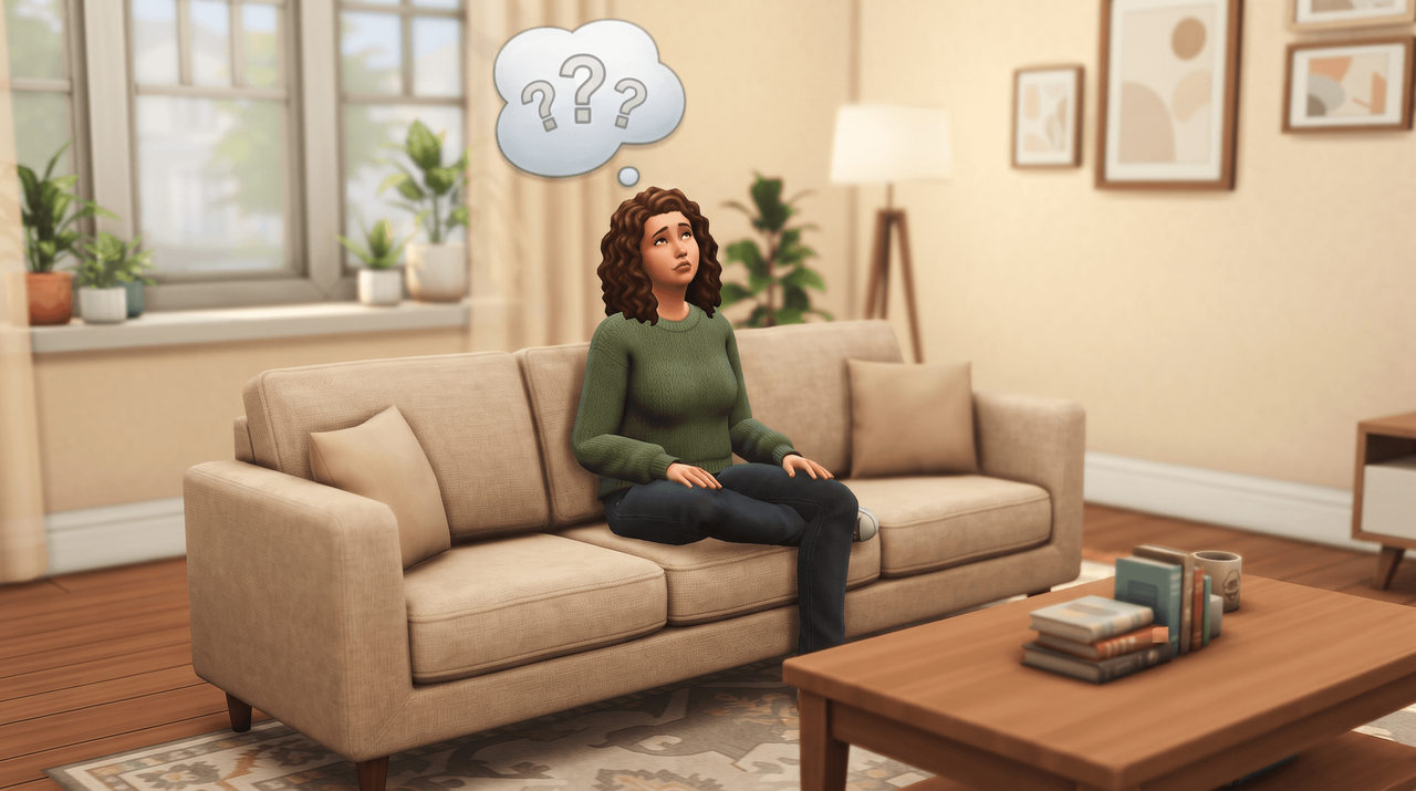 Illustration of a Sim sitting cross-legged on a sofa with a thought bubble of question marks above their head
