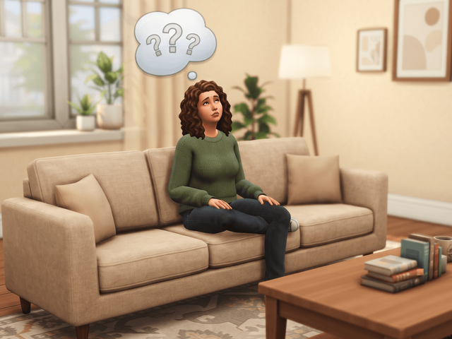 A Sim sitting cross-legged on a sofa with a thought bubble of question marks above their head