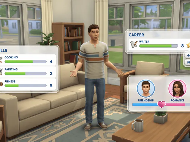 A Sim surrounded by three game panels: skills with progress bars, a career rank, and a friendship and romance meter