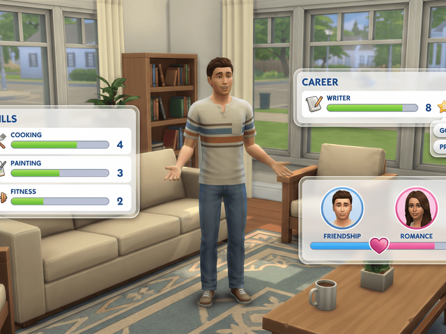 A Sim surrounded by three game panels: skills with progress bars, a career rank, and a friendship and romance meter