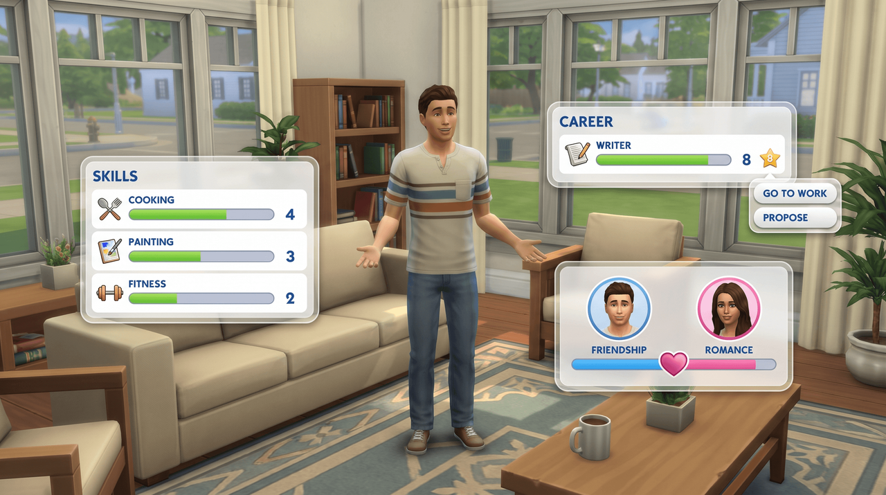 Illustration of a Sim surrounded by three game panels: skills with progress bars, a career rank, and a friendship and romance meter