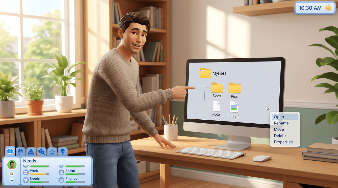 Illustration of a Sim pointing at a monitor showing a folder tree with two subfolders and two files, and a right-click menu open beside it