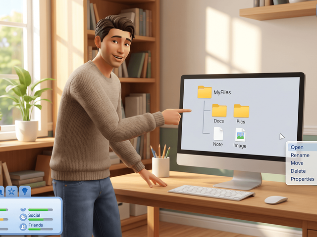 A Sim pointing at a monitor showing a folder tree with two subfolders and two files, and a right-click menu open beside it