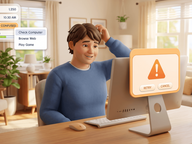 A puzzled Sim at a computer scratching their head, with a warning dialog on screen offering Retry or Cancel