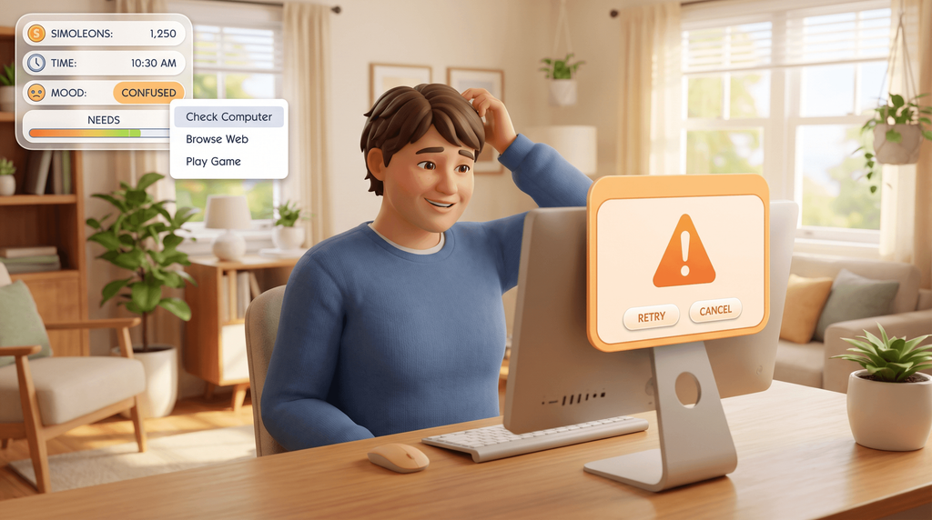 Illustration of a puzzled Sim at a computer scratching their head, with a warning dialog on screen offering Retry or Cancel