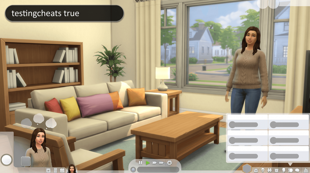 The cheat bar open at the top of a suburban living room with testingcheats true typed into it