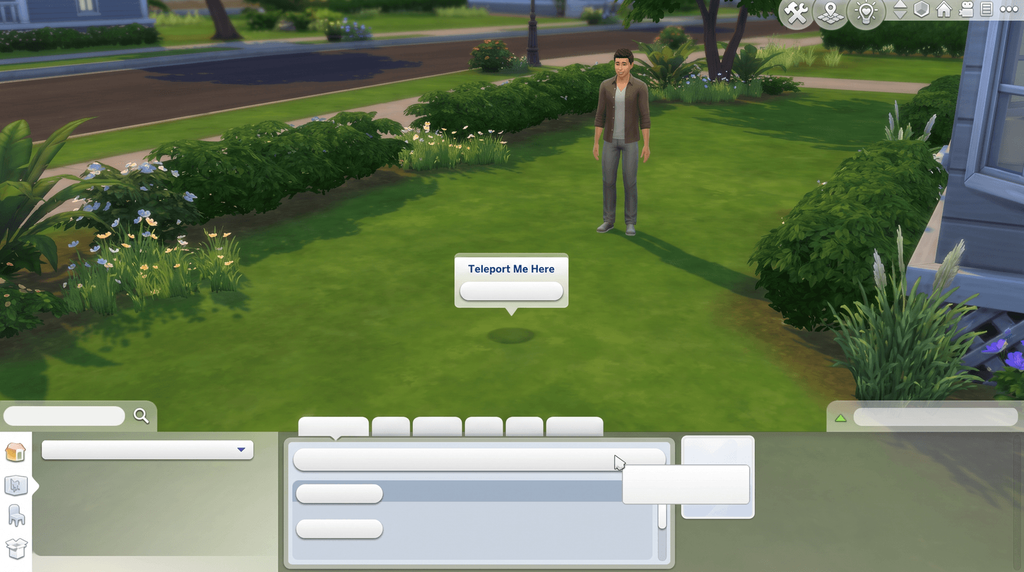 A patch of lawn with a context menu open above it reading Teleport Me Here, a Sim standing nearby