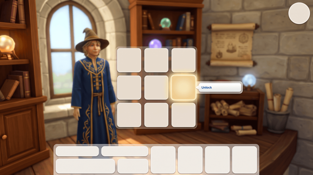 A grid of nine spell tiles with one lit and an Unlock option open beside it, a robed Sim behind