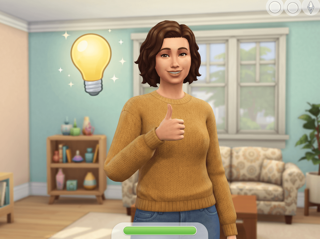 Illustration of a Sim giving a thumbs up next to a glowing lightbulb