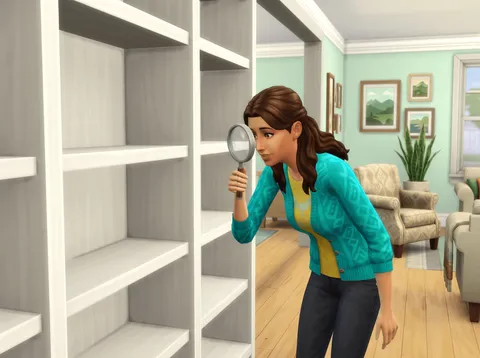 A Sim peering through a magnifying glass at a completely bare white bookshelf
